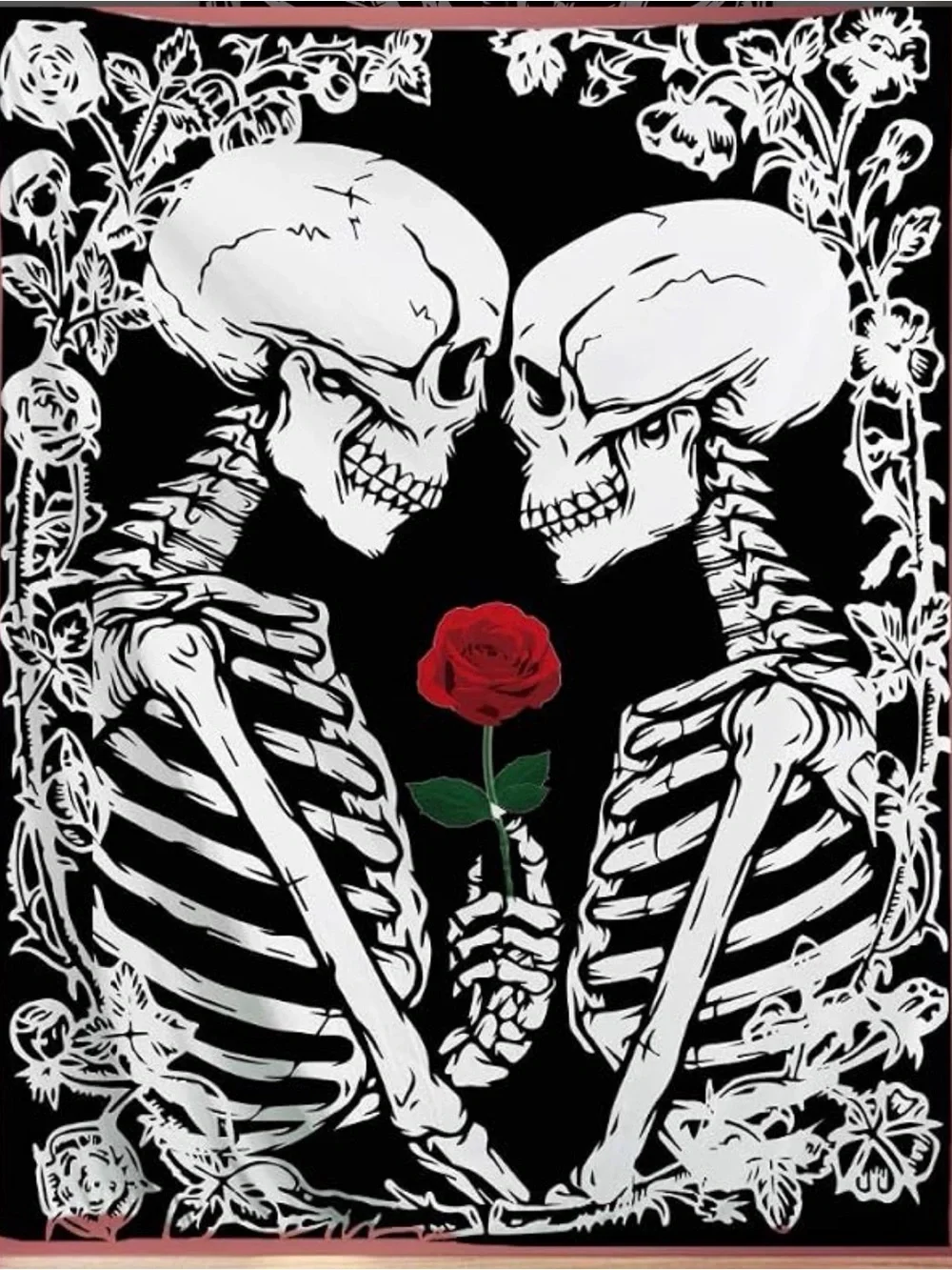 Romantic Skeleton Rose Tapestry - Black, White & Red